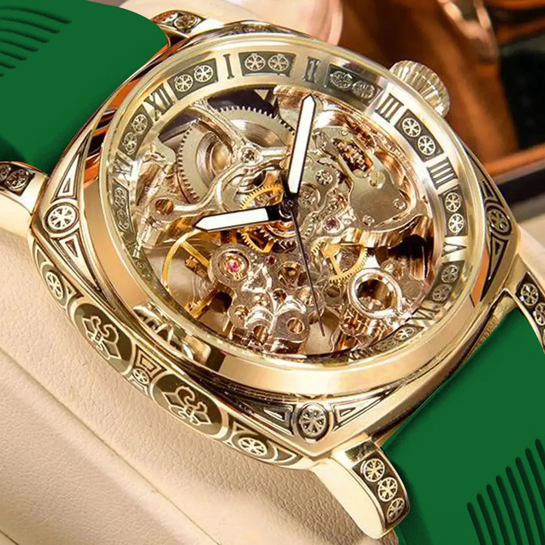 Steampunk Wristwatch with a Colorful Strap Gold Green