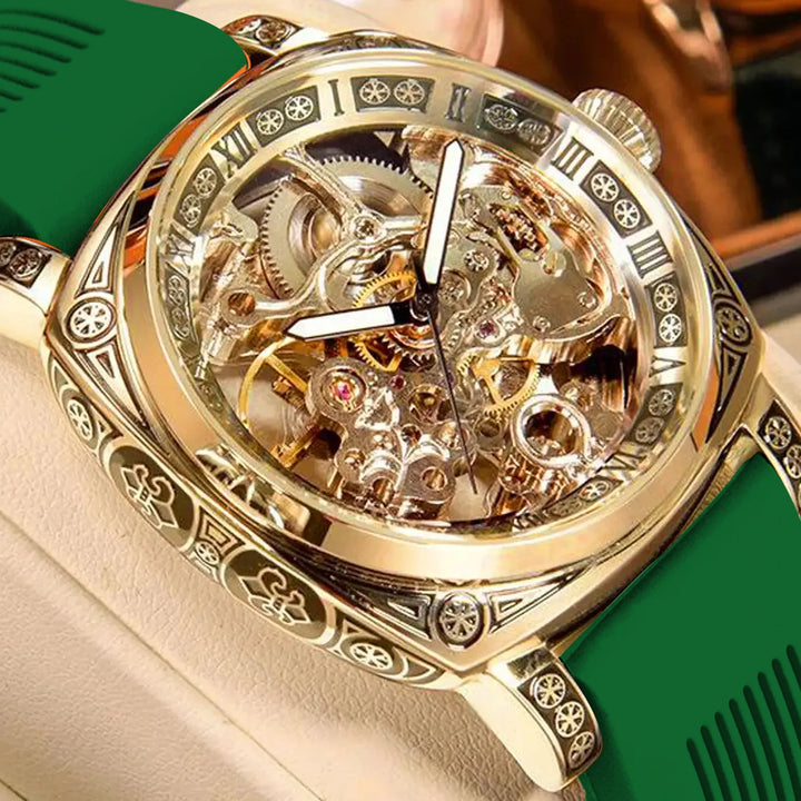 Steampunk Wristwatch with a Colorful Strap Gold Green