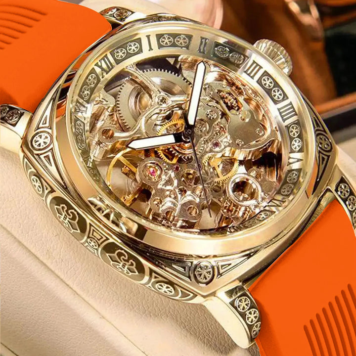 Steampunk Wristwatch with a Colorful Strap Gold Orange
