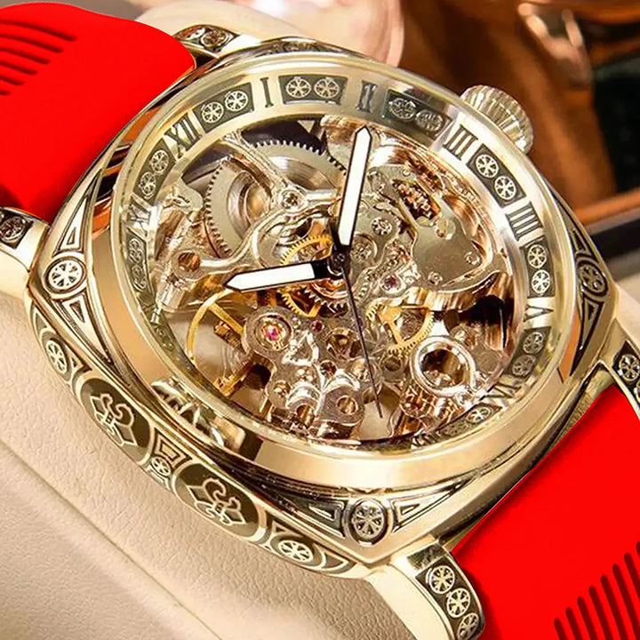 Steampunk Wristwatch with a Colorful Strap Gold Red
