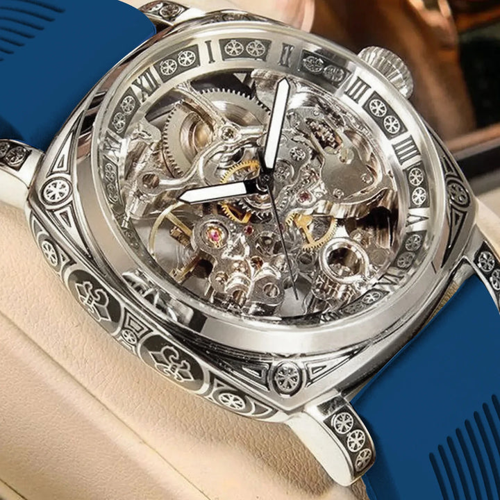 Steampunk Wristwatch with a Colorful Strap Silver Blue