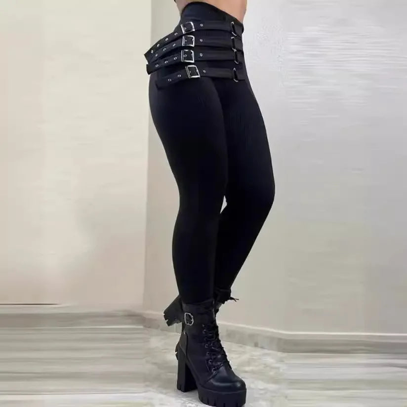 Stretch Steampunk Slim Pants with Straps Black