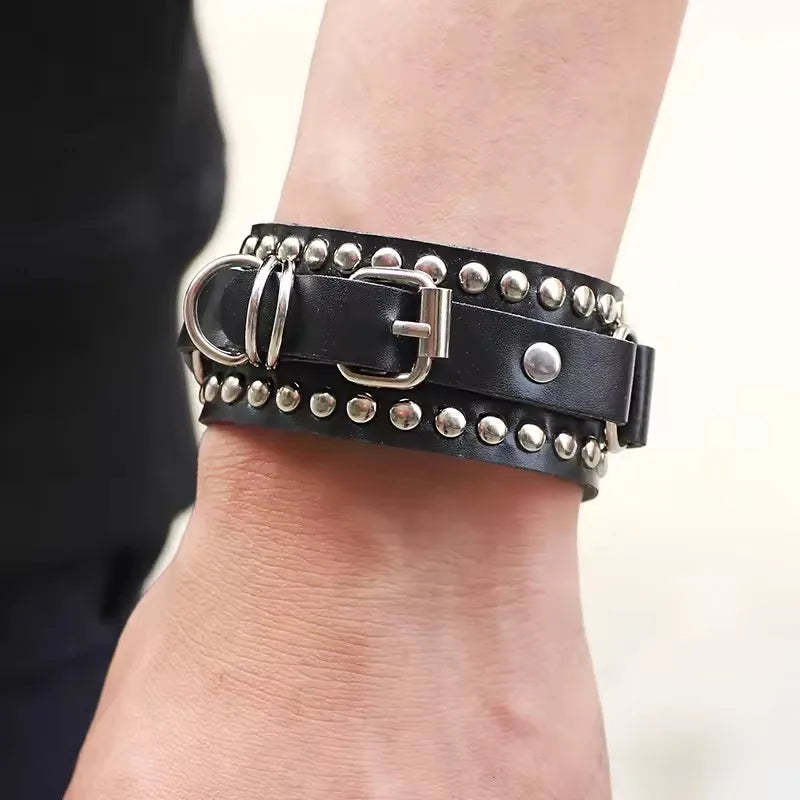 Stylish Black Gothic Steampunk Leather Bracelet elegant