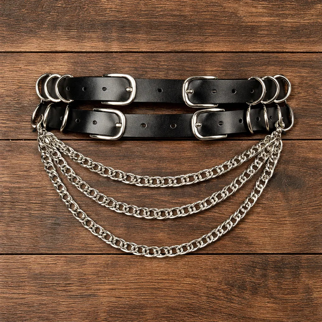 Stylish Black Steampunk Belt with Chain