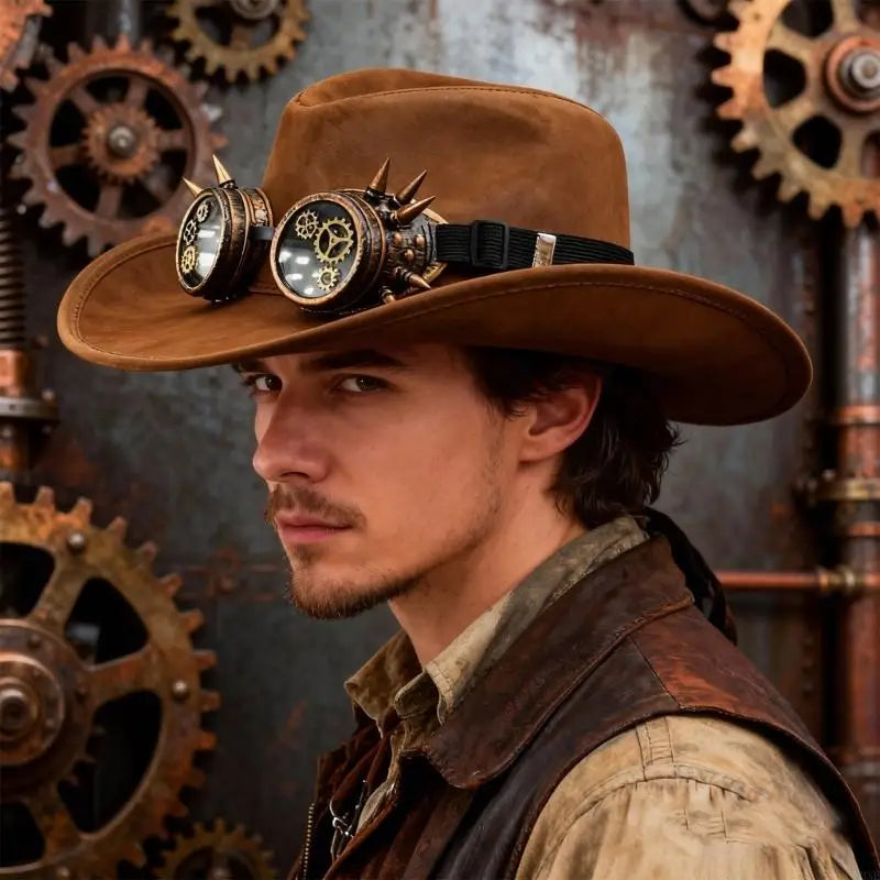 Sueded Cowboy Hat With Goggles Steampunk – industrial aesthetic