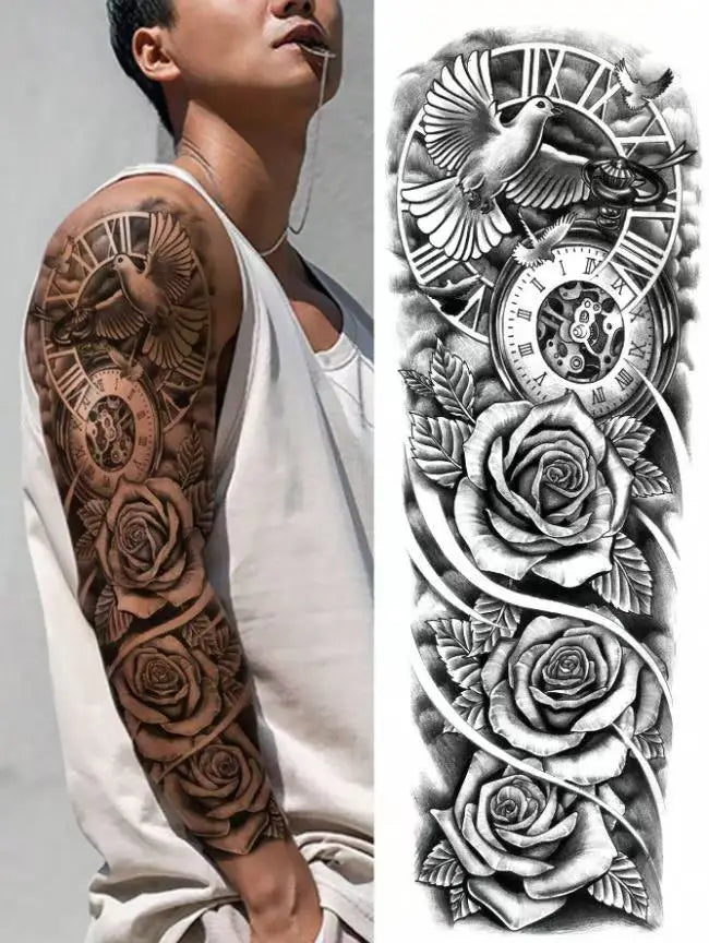 Temporary Steampunk Tattoo With Roses And Dove fashion
