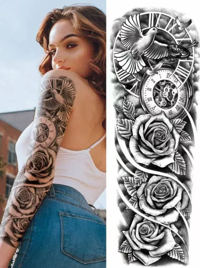 Temporary Steampunk Tattoo With Roses And Dove stylish