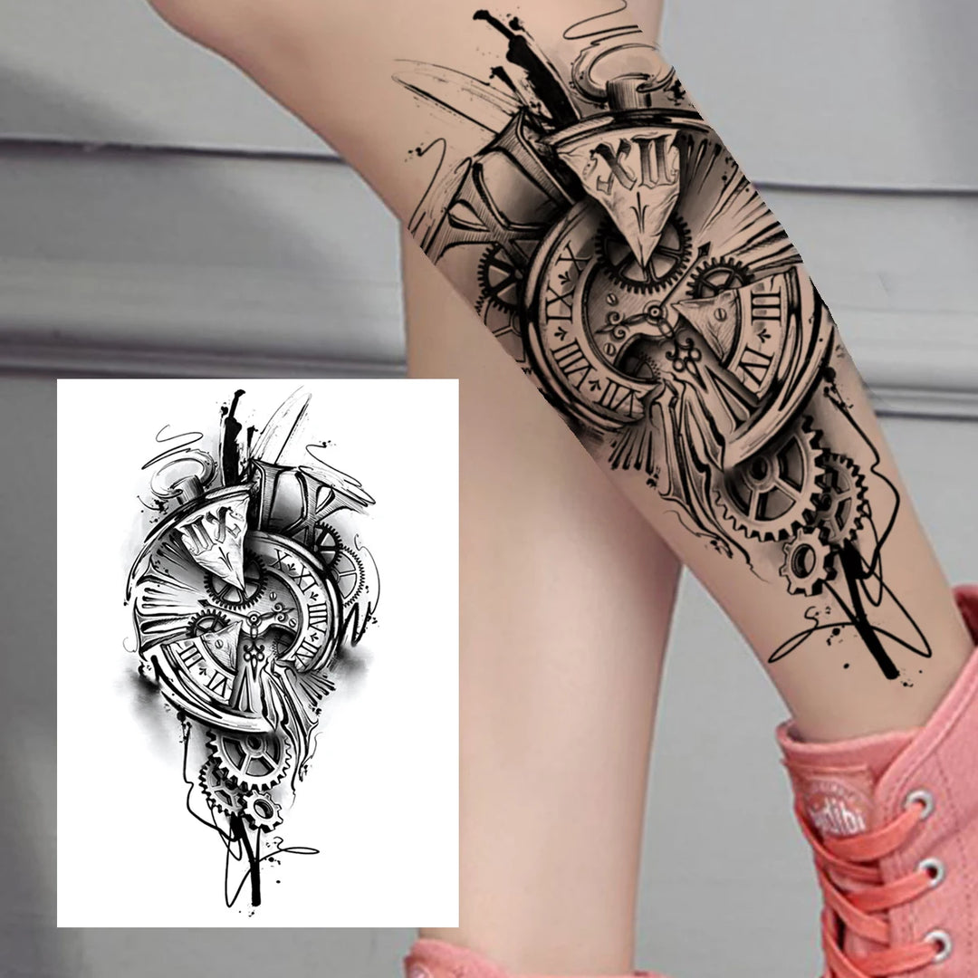 Temporary Steampunk Tattoo with Gear Clock design