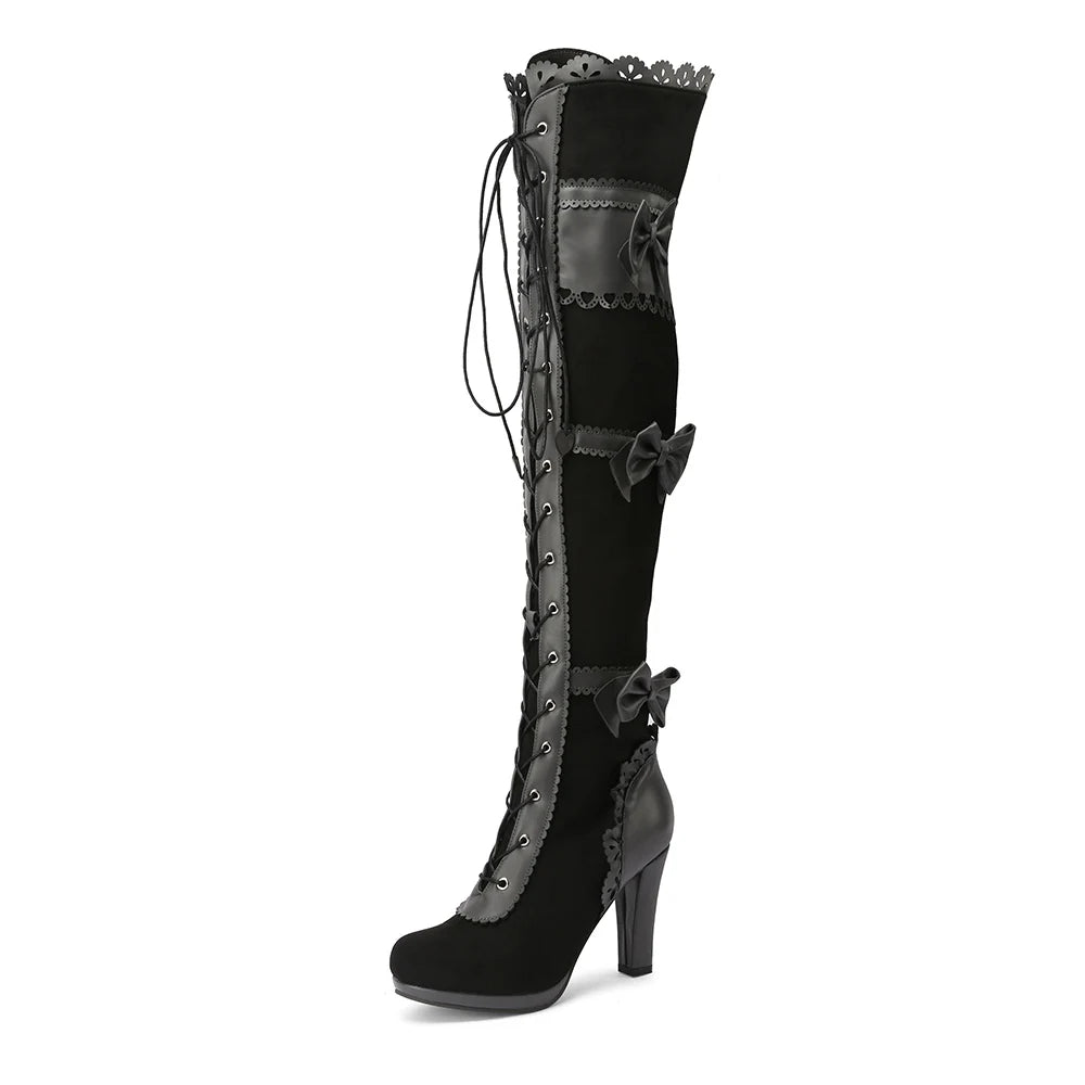 Victorian Steampunk High Boots with Bows Black