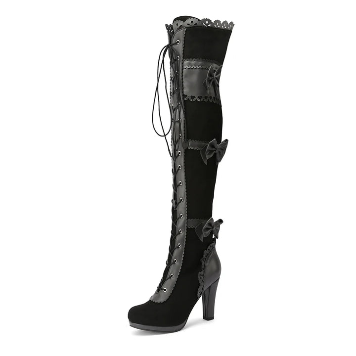 Victorian Steampunk High Boots with Bows Black