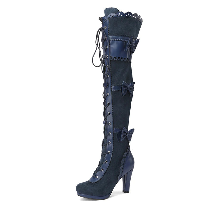 Victorian Steampunk High Boots with Bows Blue