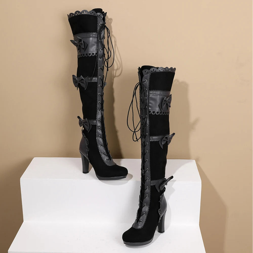 Victorian Steampunk High Boots with Bows Design