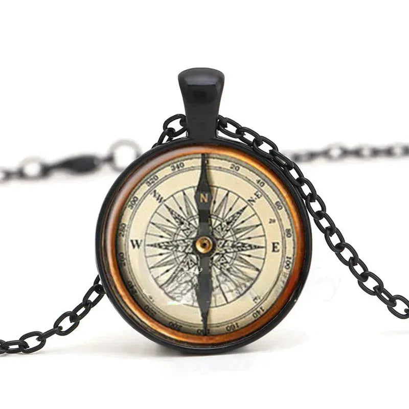 Vintage Steampunk Compass Pendant Black