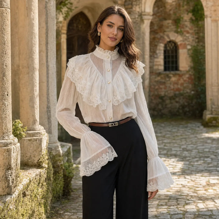 Vintage Steampunk Shirt With High Collar And Ruffles