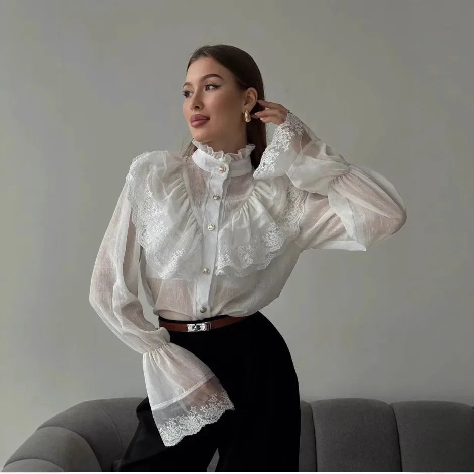 Vintage Steampunk Shirt With High Collar And Ruffles