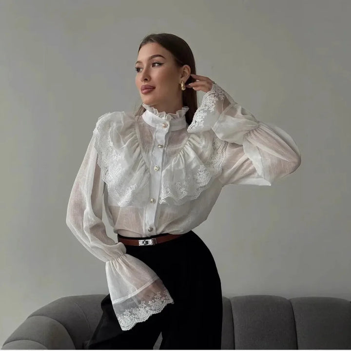 Vintage Steampunk Shirt With High Collar And Ruffles