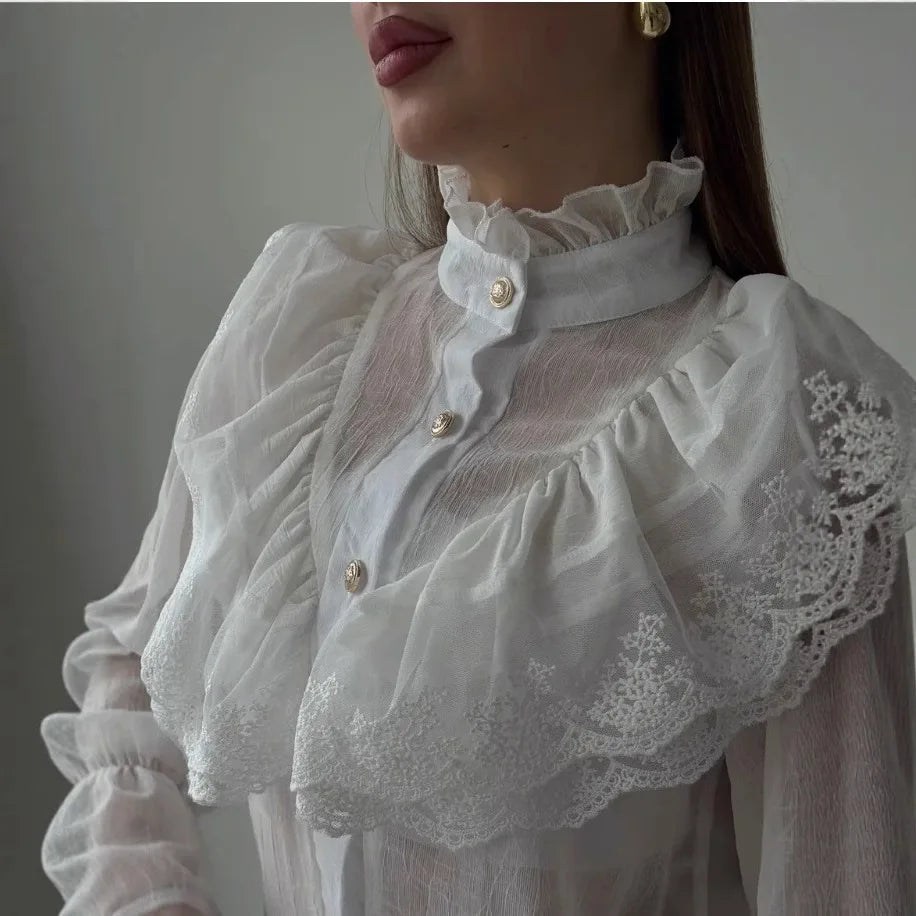 Vintage Steampunk Shirt With High Collar And Ruffles elegant