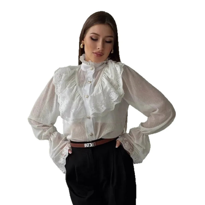 Vintage Steampunk Shirt With High Collar And Ruffles refined