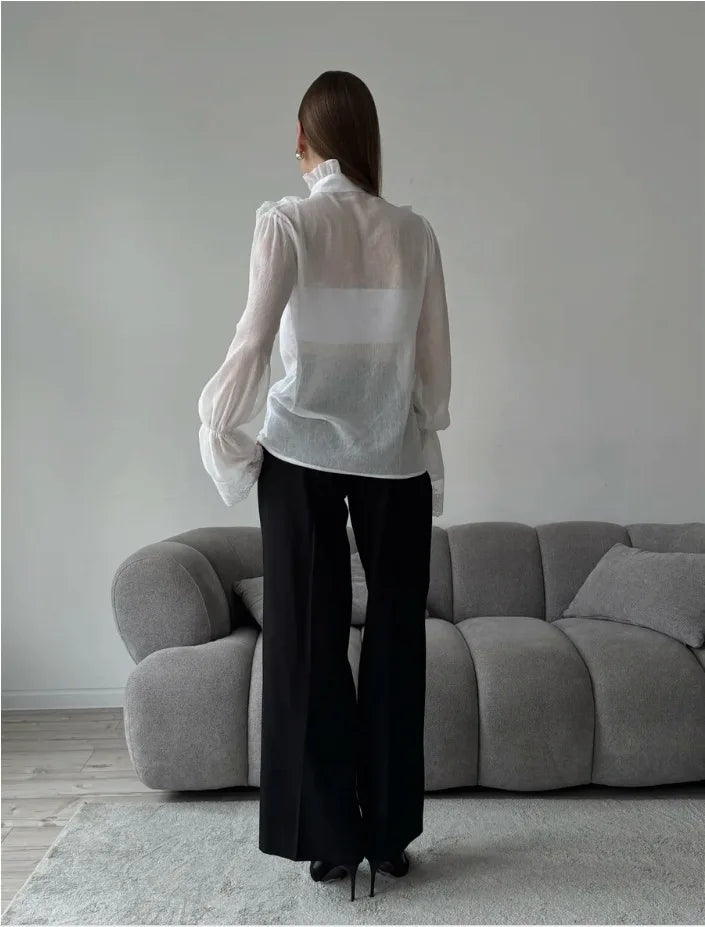 Vintage Steampunk Shirt With High Collar And Ruffles stylish