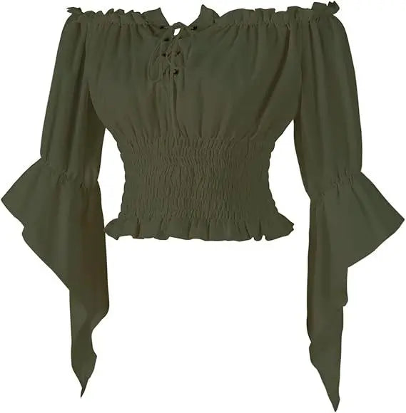 Virctorian Steampunk Off-Shoulder Lace-Up Shirt Army Green