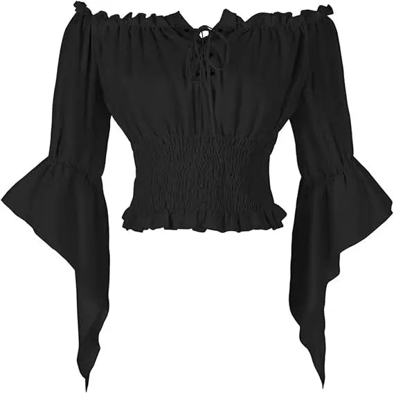 Virctorian Steampunk Off-Shoulder Lace-Up Shirt Black