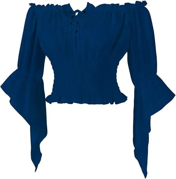 Virctorian Steampunk Off-Shoulder Lace-Up Shirt Navy Blue