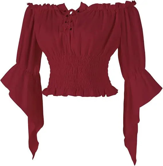 Virctorian Steampunk Off-Shoulder Lace-Up Shirt Red