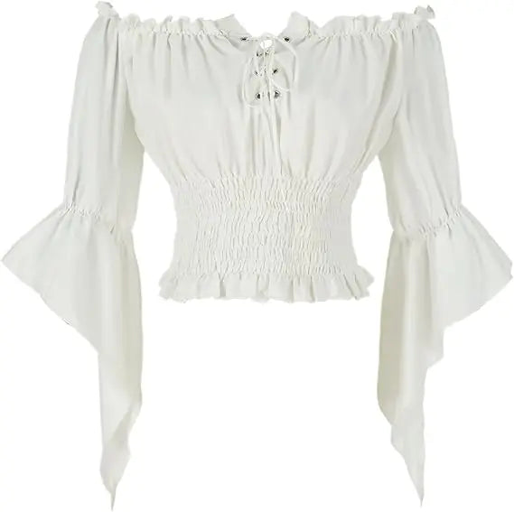 Virctorian Steampunk Off-Shoulder Lace-Up Shirt White