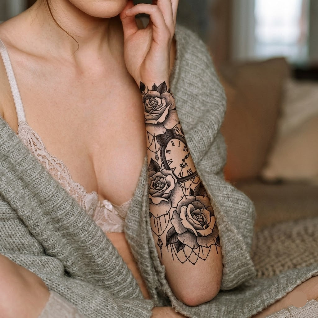 Waterproof Steampunk Rose and Heart Watch Tattoo