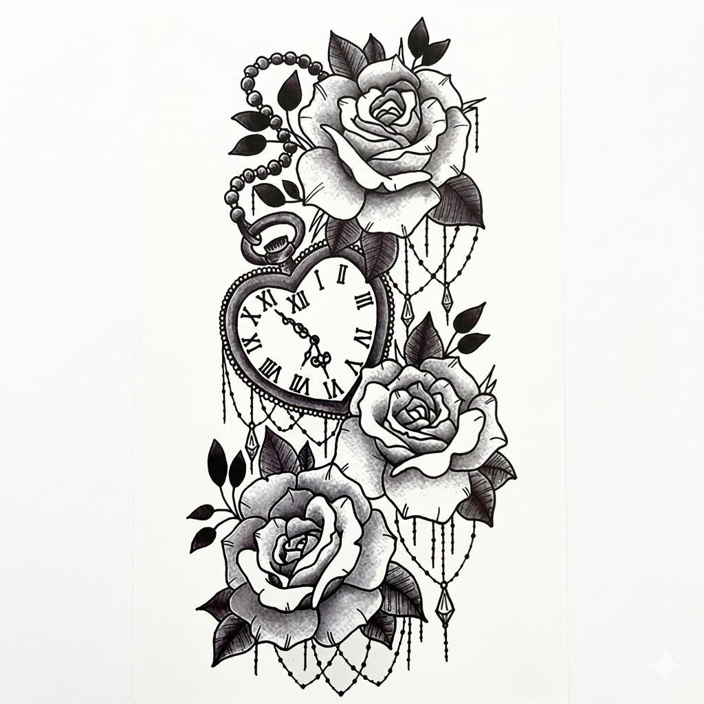 Waterproof Steampunk Rose and Heart Watch Tattoo stylish