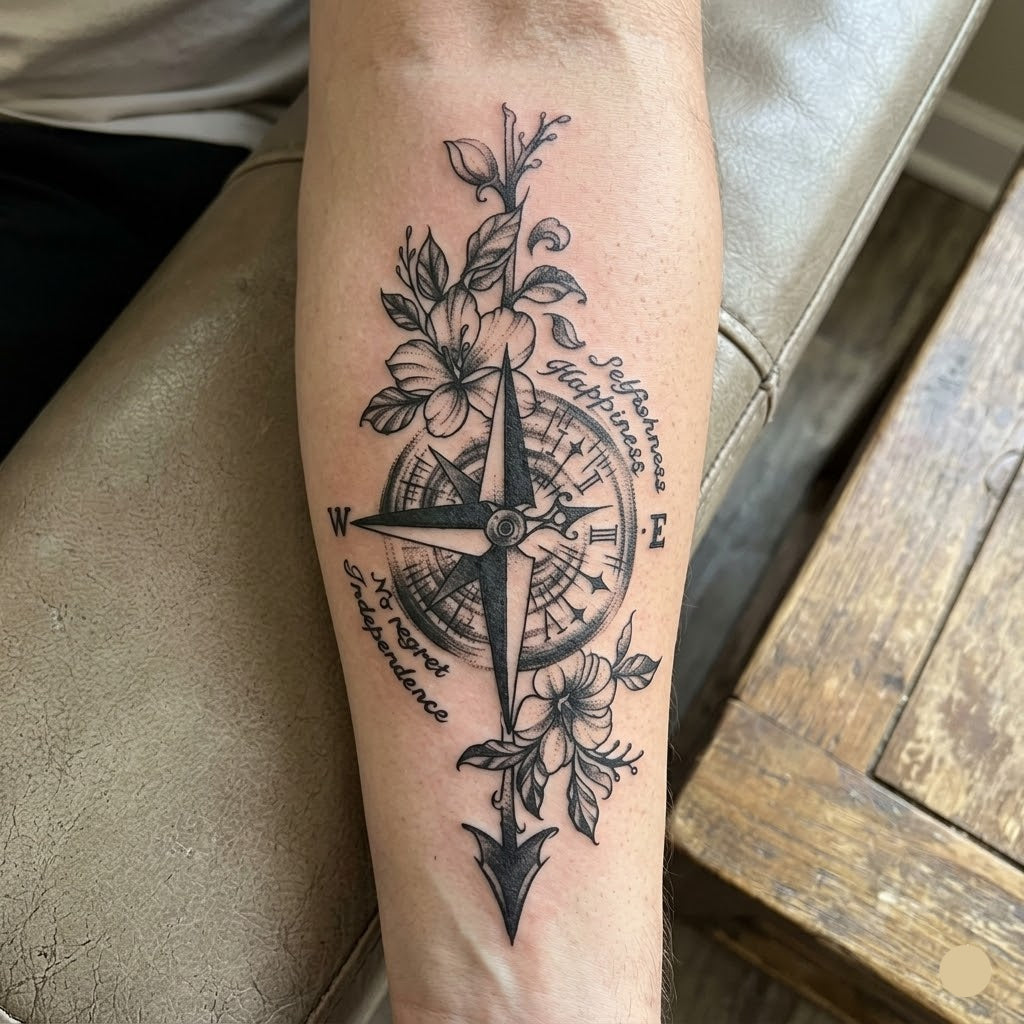 Waterproof Steampunk Tattoo with Floral Compass