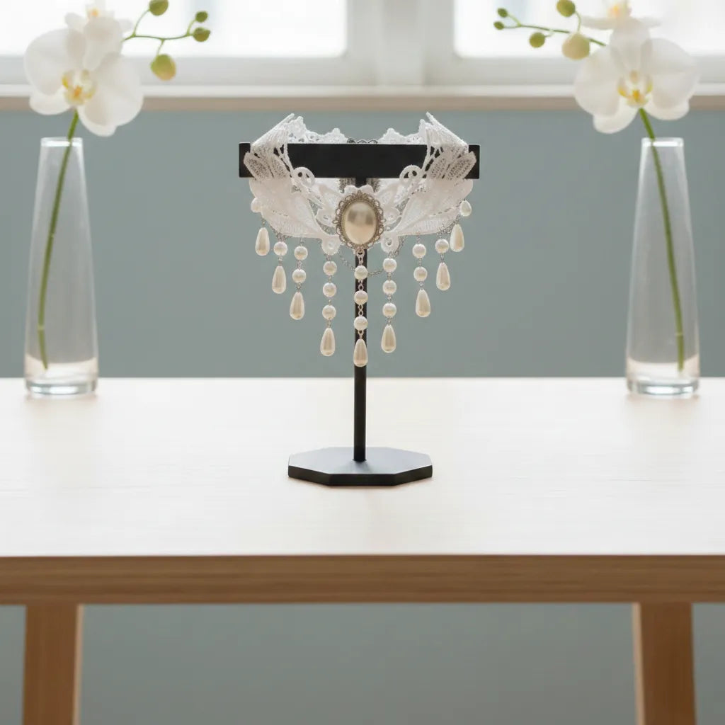 White Steampunk Necklace With Dangling Pearls