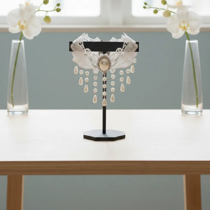 White Steampunk Necklace With Dangling Pearls