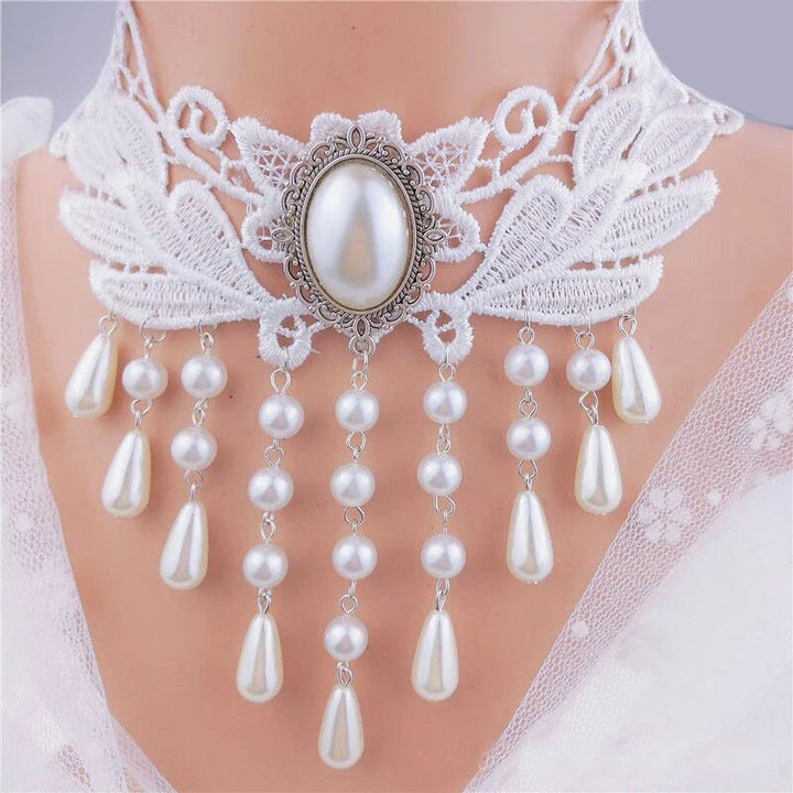 White Steampunk Necklace With Dangling Pearls Stylish