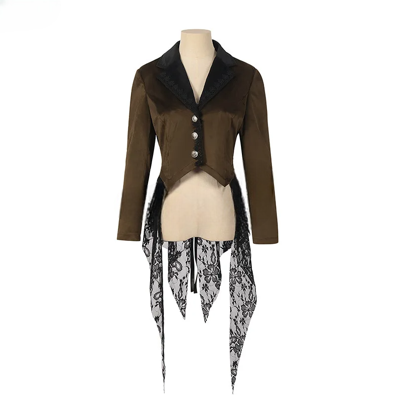 Women Vintage Steampunk Jacket With Lace Brown