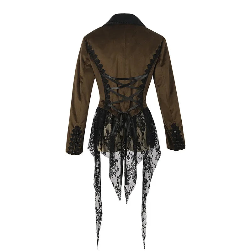 Women Vintage Steampunk Jacket With Lace Brown Back