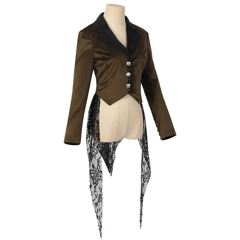 Women Vintage Steampunk Jacket With Lace Brown Stylish