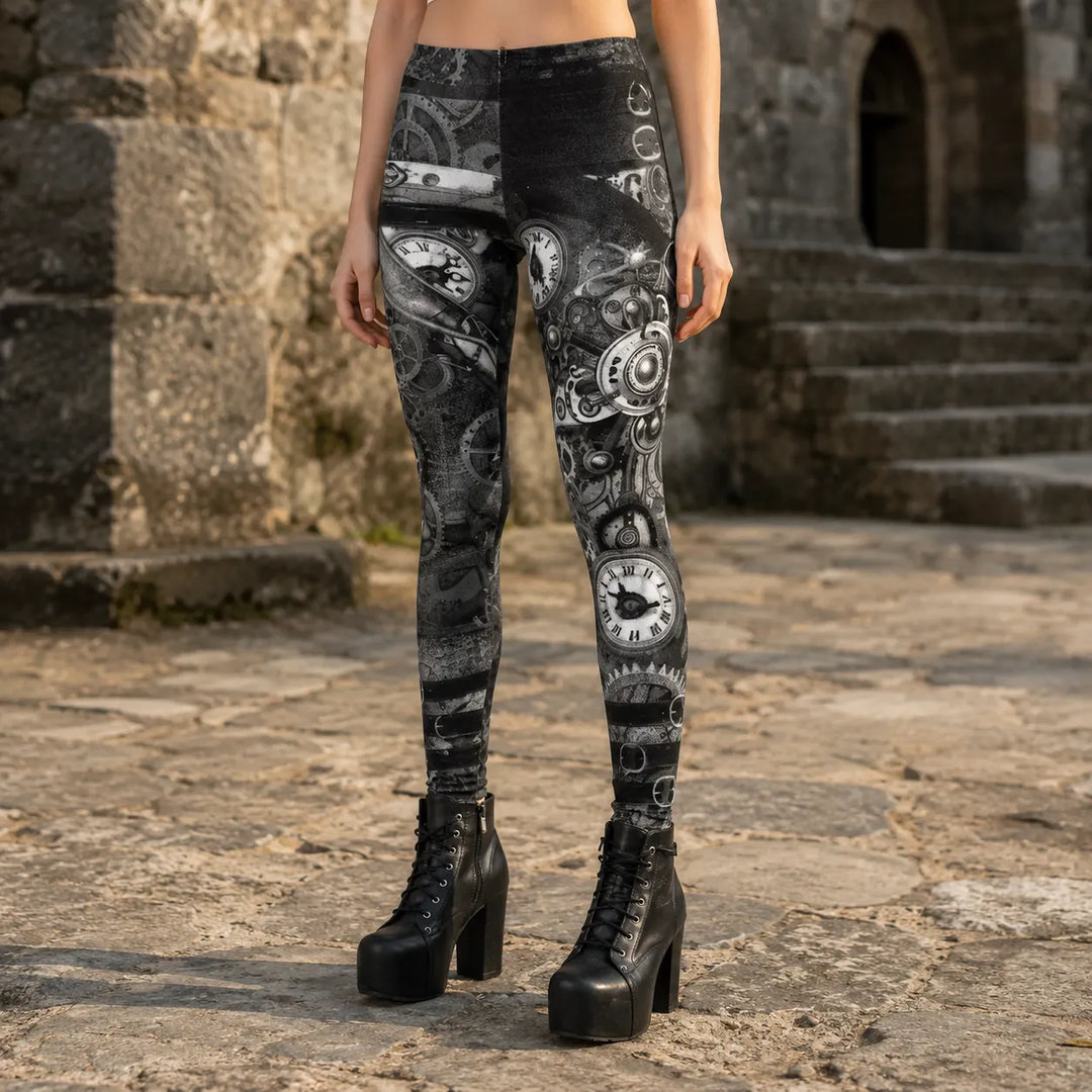 Women’s Black Leggings With Gear Print