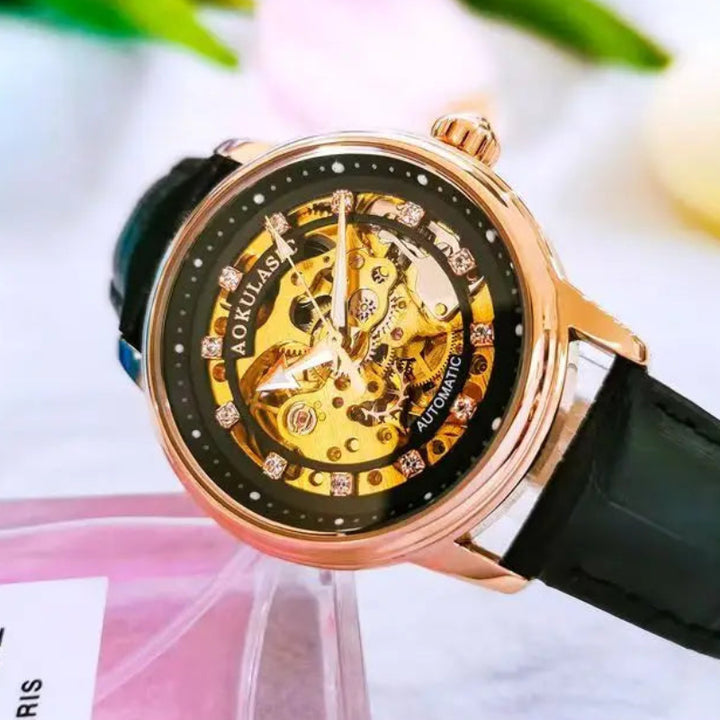 Women’s Mechanical Skeleton Steampunk Watch Gold Black