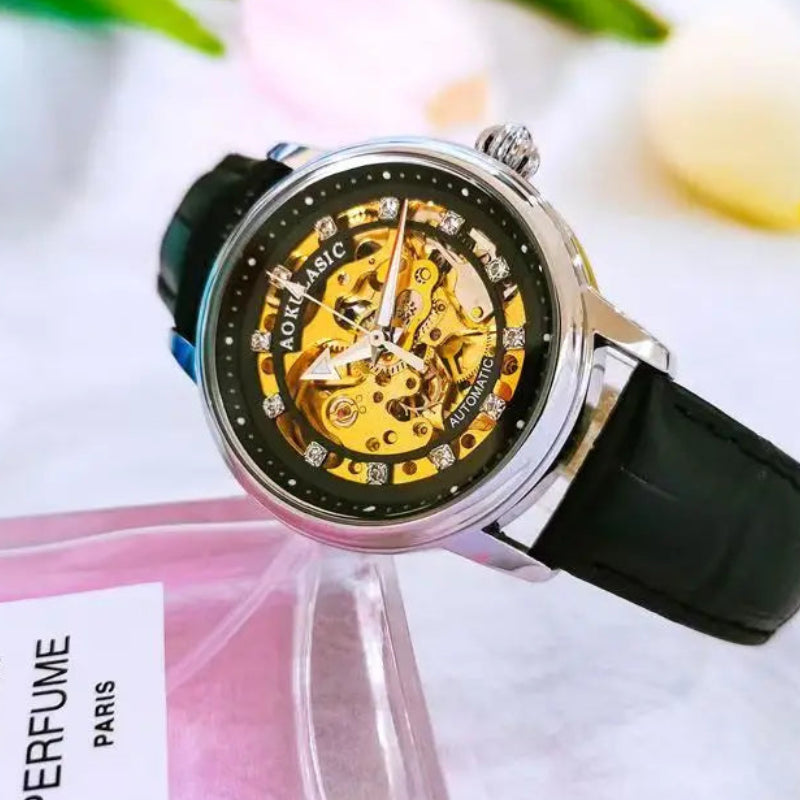 Women’s Mechanical Skeleton Steampunk Watch Silver Black