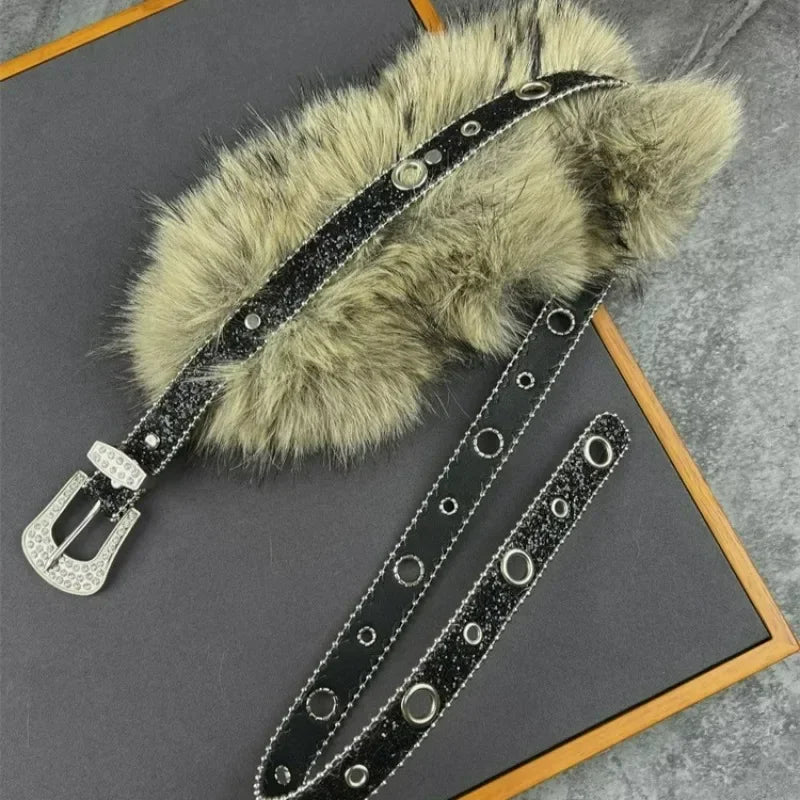 Women’s Thin Steampunk Belt with Faux Fur