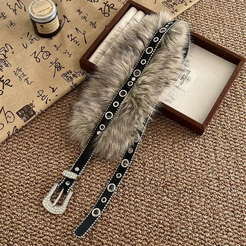 Women’s Thin Steampunk Belt with Faux Fur Black