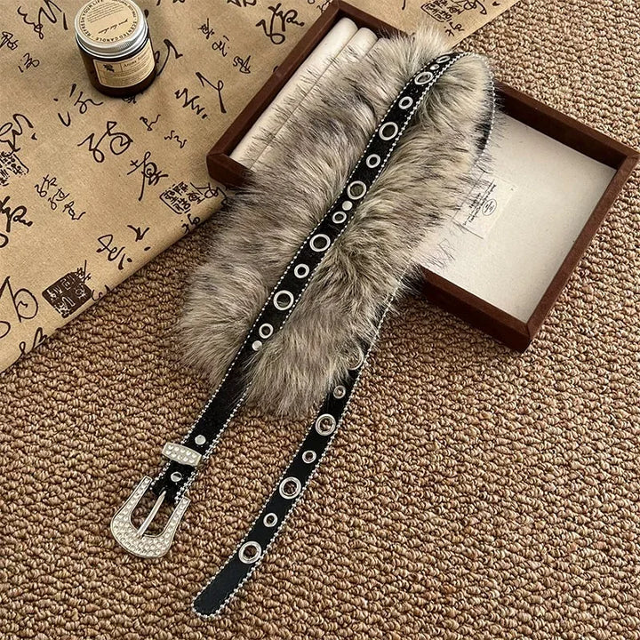 Women’s Thin Steampunk Belt with Faux Fur Black