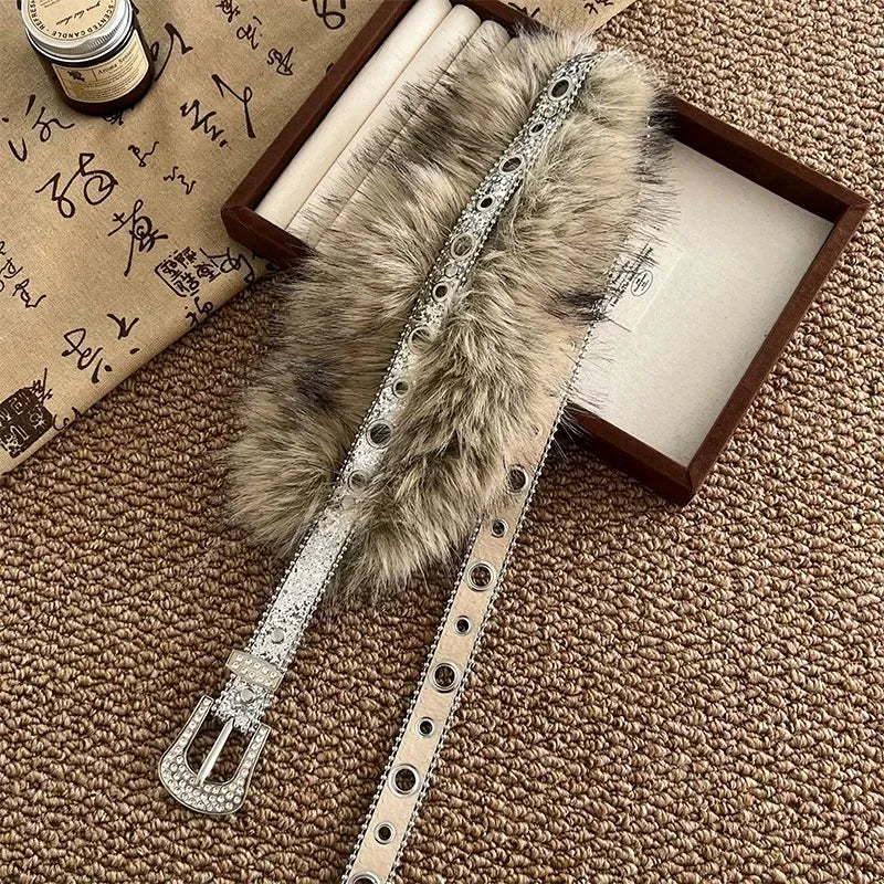 Women’s Thin Steampunk Belt with Faux Fur Silver