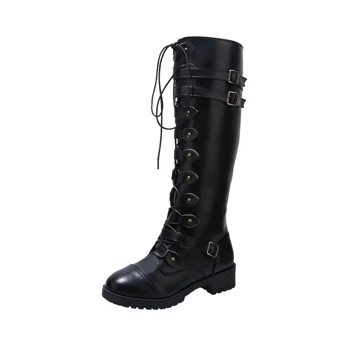Women's vintage high lace-up boots with leather finish