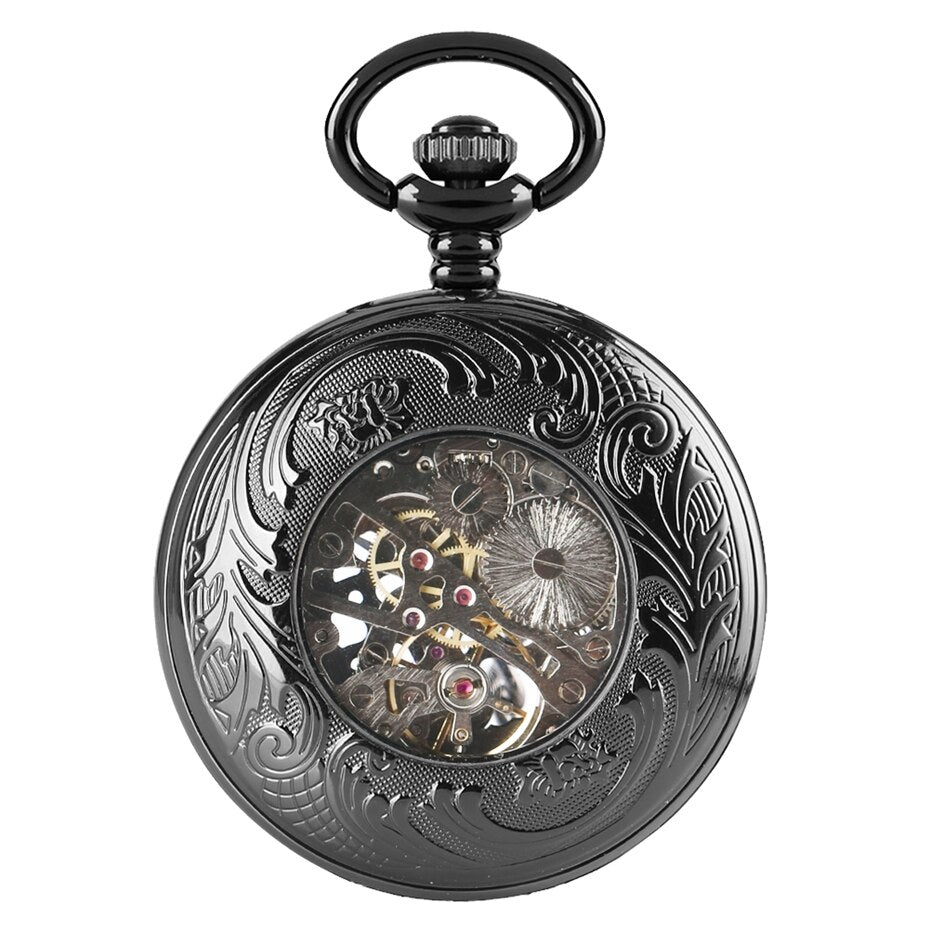 BLACK SKELETON STEAMPUNK POCKET WATCH