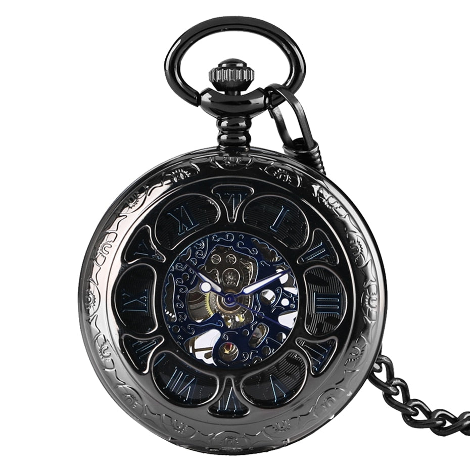 BLACK SKELETON STEAMPUNK POCKET WATCH
