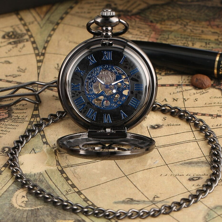 BLACK SKELETON STEAMPUNK POCKET WATCH