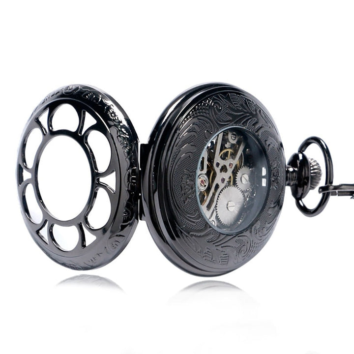 BLACK SKELETON STEAMPUNK POCKET WATCH