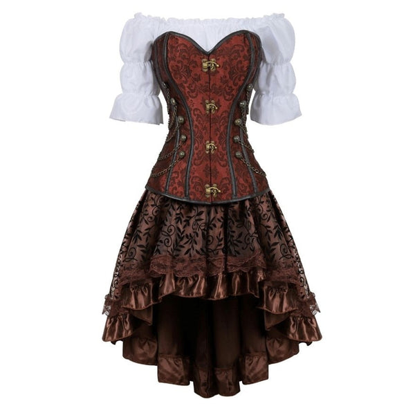 Brown Printed Steampunk Corset Dress with Shrug